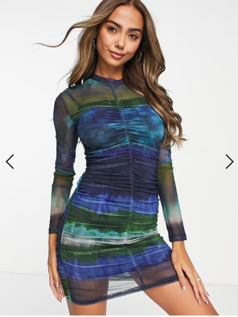 Stradivarius ruched mesh dress in blue tie-dye